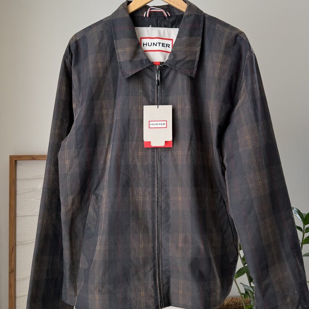NWT Men's HUNTER Foster Wax Jacket Full Zip Brown Plaid Bomber Size XL $199